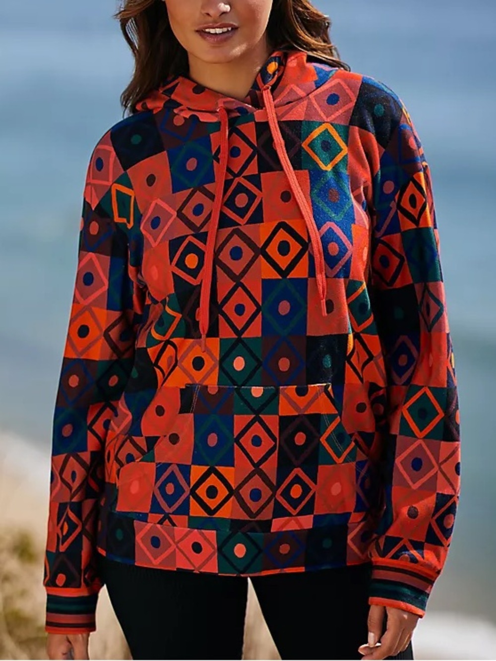 Farm Rio Terry Long Sleeve Hoodie Sweatshirt Geo Rainbow Large Geometric Boho